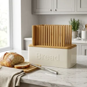 Iron Bread Box Set with Bamboo Lid & Cutting Tool Modern Kitchen Counter Leak Proof Food Storage Organizer