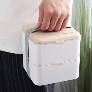 Japanese Design Eco Friendly Square Tiffin Bento Lunch Box BPA Free Plastic Dual Tier 2 Compartments Microwavable