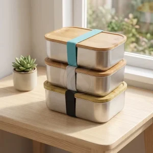 Japanese Style Stainless Steel Metal Bento Box with Bamboo Lid Heatable Lunch Container for Children and Adults for Picnics