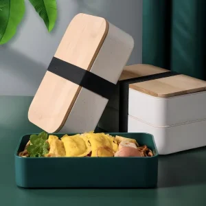Japanese Style Two Layer Plastic Bento Box with Bamboo and Wood Lid Microwave Safe 800 1000ml Capacity Food Grade Material