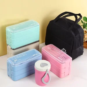 Kids Bento Box 3 In 1 Meal Prep Container Japanese Lunch Box Wheat Straw+PP Material Plastic Triple Tier Heatable