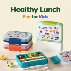Kids Cartoon Bento Box with 4 Compartments Utensils Leakproof Lunch Container for School Travel