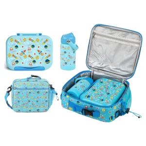Kids Lunch Box Set with Bag and Vacuum Flask Bottle Eco Friendly Plastic Food Storage Container with Compartment