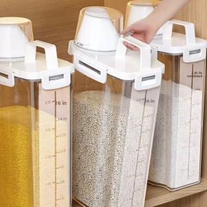 Kitchen Storage Transparent Whole Grain Plastic Container 2.1 3L Square Food Canister Handle Measurement Scale Moisture Proof
