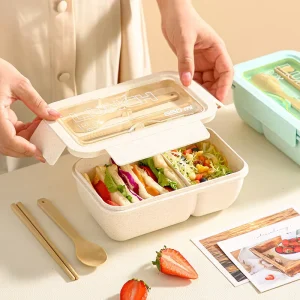 Large 2-Compartment Durable and Microwave Safe BPA Free Food Grade Plastic Snack Containers with Utensils Lid for Kids Low MOQ