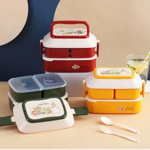 Large Capacity 1500ml Food Storage Container BPA Free Double Layer 3 Compartment Adult Kids Plastic Lunch Box with Cutlery