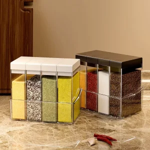 Large Capacity Clear Square Plastic Kitchen Seasoning Condiment Spice Jar Set with Tray