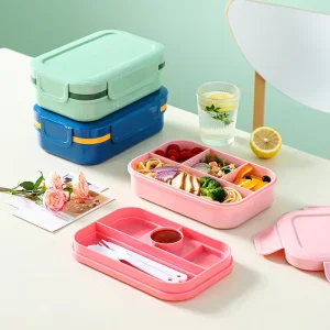Large Capacity Double Layer Wheat Rectangular Bento Box Set with Microwave Safe Plastic Lid Food Graided Lunch Boxes