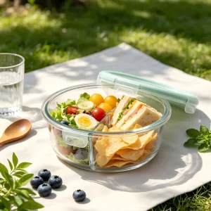 Large Capacity Microwaveable Glass Kitchen Food Storage Container with Plastic Lid Single Compartment Bento Lunch Box