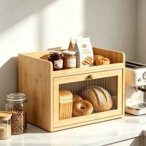 Large Capacity Natural Moso Bamboo Bread Storage Box Detachable Fruit Basket Magnetic Wave Acrylic Visible Door