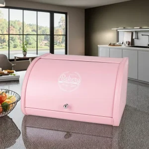 Large Capacity Pink Roll Top Metal Bread Box Kitchen Countertop Container for Fresh Bakery Items and Cookies