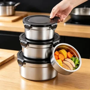 Large Capacity Stainless Steel Microwavable Leak Proof Fresh keeping Lid Handle Sealed Refrigerator Storage Kitchen Organizer