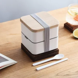 Large Capacity Wood Grain Bento Box Double Layer Lunch Container for Adults