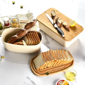Large Eco Friendly Dustproof Stackable Bread Box Bamboo Cutting Board Flip Top Lid White Bread Storage Container Kitchen