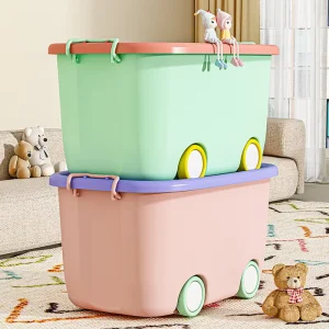 Large Plastic Storage Containers Wheels Handles Cute Macaron Color Kids Toys Storage Boxes Bins Factory Own Design PP Material