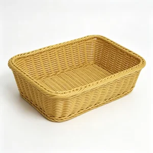 Large Size Rectangular Yellow Handwoven PE Rattan Drain Basket Food Safe Woven Basket for Kitchen Fruit Vegetable Bread Storage