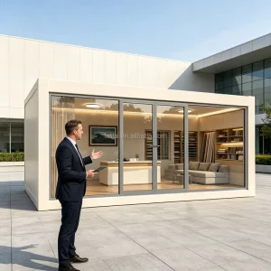 Large Space Beige White Steel Flat Pack Knock Quick Assembly Container Office Prefab Modular Hotel Business Reception Room