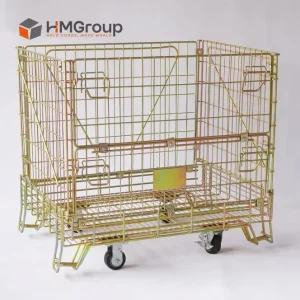 Large Warehouse Forklift Transport Vertical Storage 4 High Folding Steel Wine Storage Wire Mesh Container with Wheel