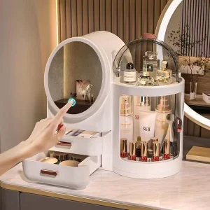 Large capacity Cosmetic Storage Box with Mirror and LED Light Desktop Dressing Table Storage and Organization Container