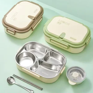 Leakproof Divided Lunch Box with Stainless Steel Tray Portable Food Container with Cutlery for School, Office, and Outdoor Picnic