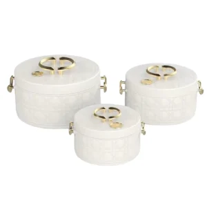 Leather Grain 6pcs Stainless Steel Insulated Box White Pot Set Lunch Box Thermal Food Storage Container With Round Gold Handle