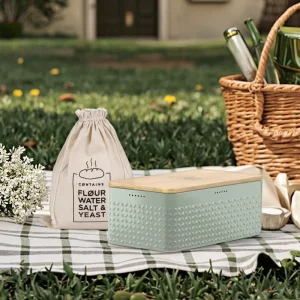 Long Lasting Freshness Food Storage Container 13.4×7.3×5.3In Bread Box Metal Bamboo Lid Stainless Linen Bag Cutting Board Set