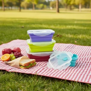 Lunch Box 4PCS Silicone Collapsible Bento Folding Leakproof Preservation Heatable Food Storage Container Portable Outdoor Picnic