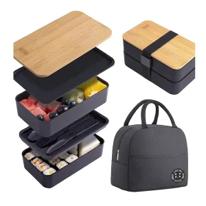 Lunch Box with Bamboo Environment Wood Lid Reusable Leakproof Bento Lunch Box