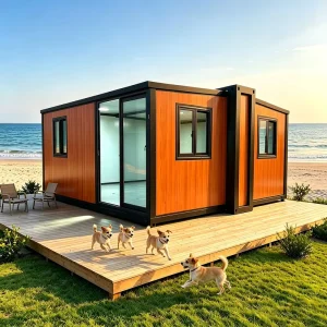 Luxury 40ft Expandable Container House 2 Bedroom Wood Cladding Prefab Modular Beach Villa with Glass Door