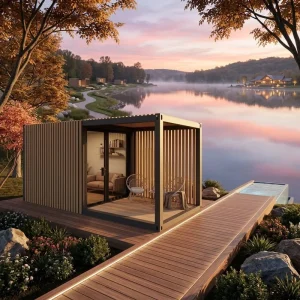 Luxury Eco Friendly Modular Rectangle Garden Studio Modern Wood Slatted Prefab House Portable Tiny Home Backyard Office Hotel
