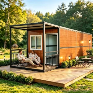 Luxury Prefab Container House with Deck Porch, 20ft Fully Furnished Expandable Tiny Home for Hotel Resort