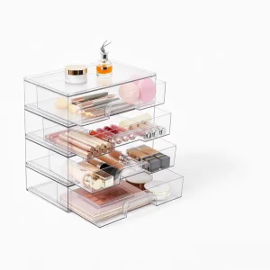 Makeup Storage Organizer Stackable Plastic Storage Drawers for Makeup Palettes Cosmetics in Vanity Bathroom Cabinet Desk