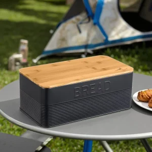 Matte Black Bread Box Kitchen Countertop Bamboo Cutting Board Metal Lid Homemade Bread Box Bread Storage Container