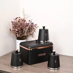 Metal Bread Box with 3 Kitchen Canisters Set Farmhouse Bread Bin Coffee Tea Sugar Canister with Lid for Home Storage
