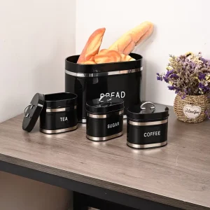 Metal Coffee Tea Sugar Container Set Black Large Bread Box for Kitchen Countertop Canisters Set