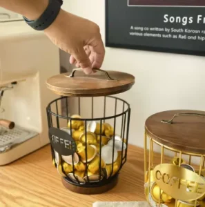 Metal Wire Coffee Capsule Storage Basket Wooden Lid Coffee Pod Holder Kitchen Counter Coffee Capsule Organizer