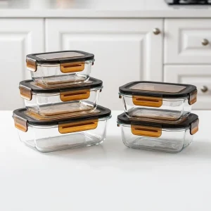 Microwave Meal Prep Container Glass Food Storage Bento Lunch Box with Simple Semi Transparent Black PP Lids