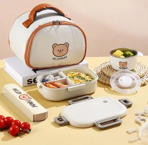 Microwave and Dishwasher Safe Plastic Tiffin Bento Box Kids’ School Lunch Bag with Chopsticks Spoon Heatable Storage Option