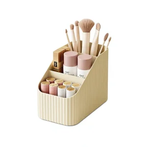 Milky White PP Divided Makeup Organizer Box Desk Cosmetic Storage Container for Brushes Lipsticks and Beauty Tools