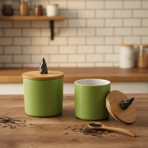 Minimalism Contemporary Customizable Printing Ceramic Cylinder Kitchen Containers Detachable Airtight Bamboo Lids Durable