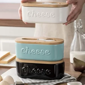 Minimalist Embossed Ceramic Butter Storage Container with Food Grade Household Storage Jar with Bamboo Lid for Household