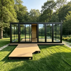 Mobile Luxury Container Bar Coffee Shop with Slider Space Extension and Full Panoramic Glass Windows for Beach and Park