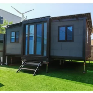 Mobile Trailer Tiny House with Wheels Wood Grain Prefabricated Container Cabin Home for Resort Living Garden Villa