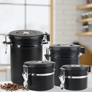 Modern 4 Piece Stainless Steel 304 Food Storage Canister Airtight Coffee Sugar Canister with Valve for Kitchen Use