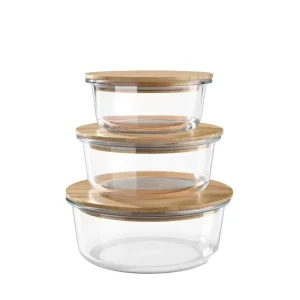 Modern Design Borosilicate Glass Food Container Bamboo Lid Dishwasher Safe BPA Free Eco-Friendly Airtight Stackable Freezer Safe