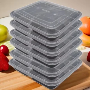 Modern Disposable Single Tier Storage Bento Lunch Box Takeaway Food Container 3 Compartments Plastic Lid