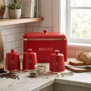 Modern Durable Iron Bread Box with 3 Kitchen Canisters Set Coffee Tea Sugar Canister Lid Organizer Easy Clean Home Storage
