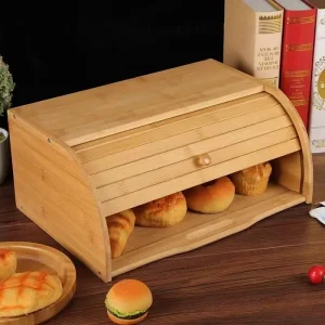 Modern Eco Friendly Multifunction Bamboo Bread Box with Flip Top Lid Circular Arc Shape for Kitchen Countertop Storage