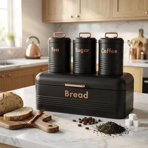 Modern Metal Foldable Insulated Bread Box, Kitchen Storage Container with Sealable Canisters for Coffee Tea Sugar Customizable