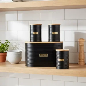 Modern Minimalist Airtight Metal Bread Bin Coffee Sugar Tea Storage Container Cylinder Shape with Wooden Lid 1000ml Kitchen Use
